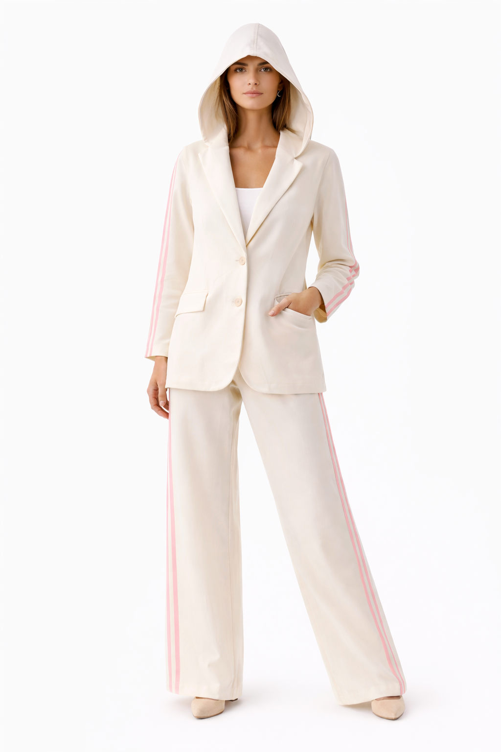 coordinato donna elegante beige con bande rosa