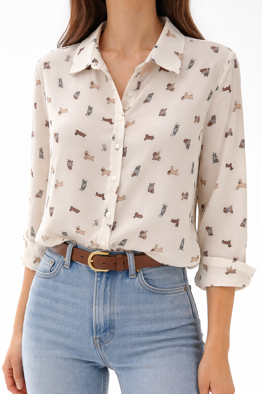 Camicia Donna Stampa Cagnolini – Colletto Classico, Fondo Avorio