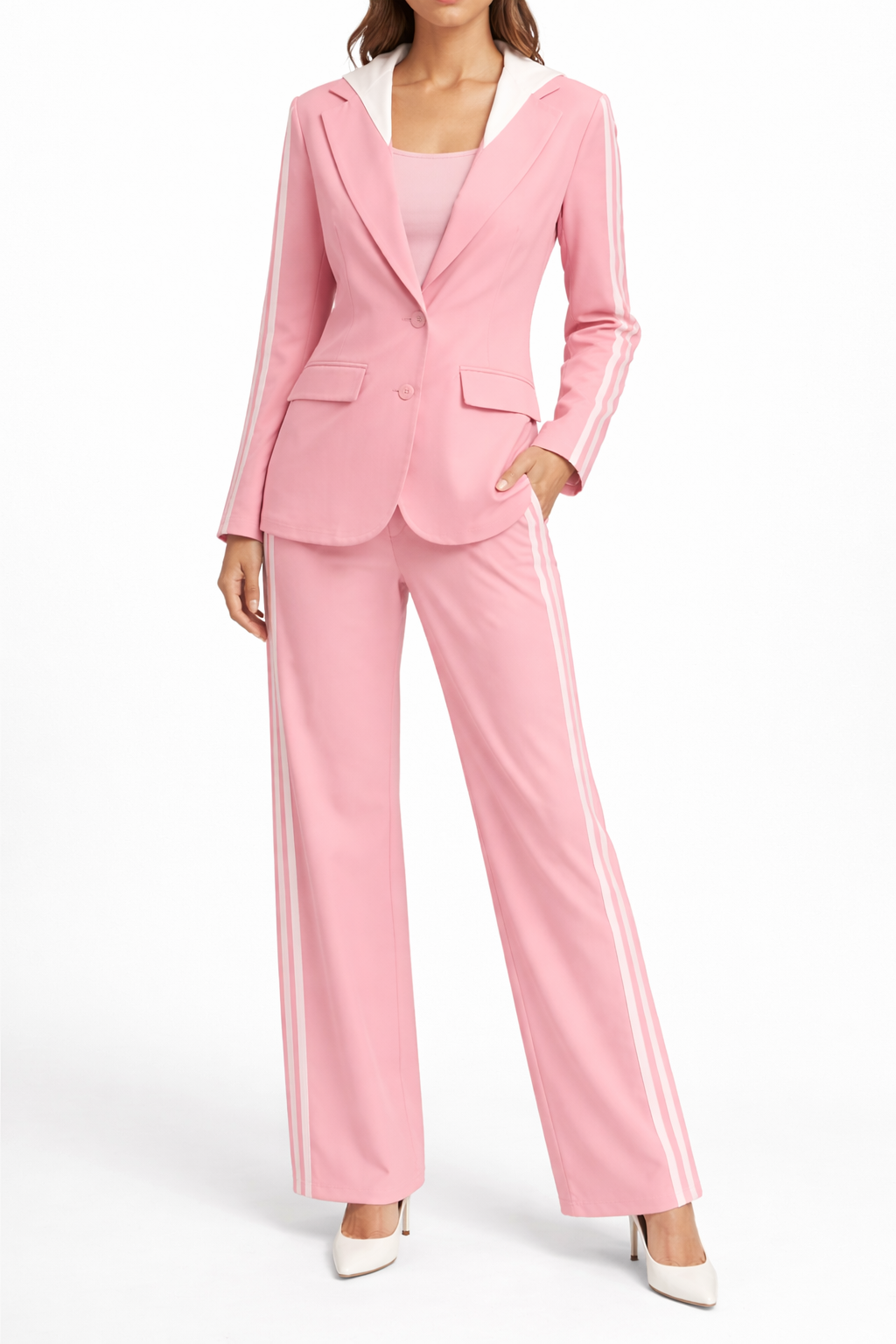 Completo Rosa Sporty Chic con Blazer e Pantalone a Righe Laterali