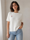 T-shirt in Filo di Cotone Intrecciato con Cuore Ricamato