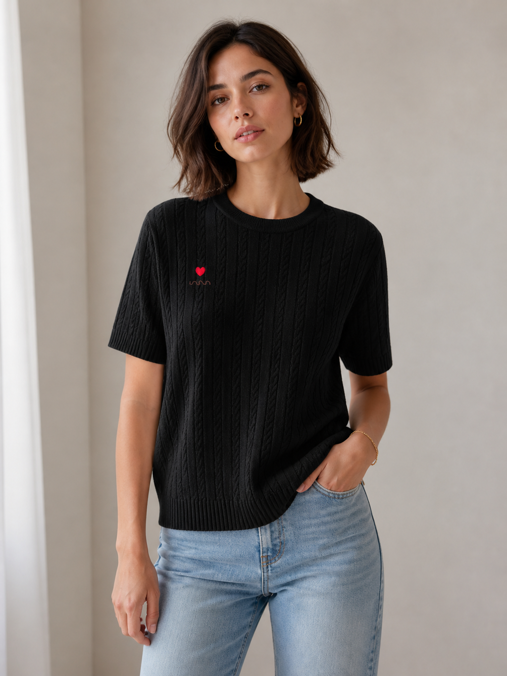 T-shirt in Filo di Cotone Intrecciato con Cuore Ricamato