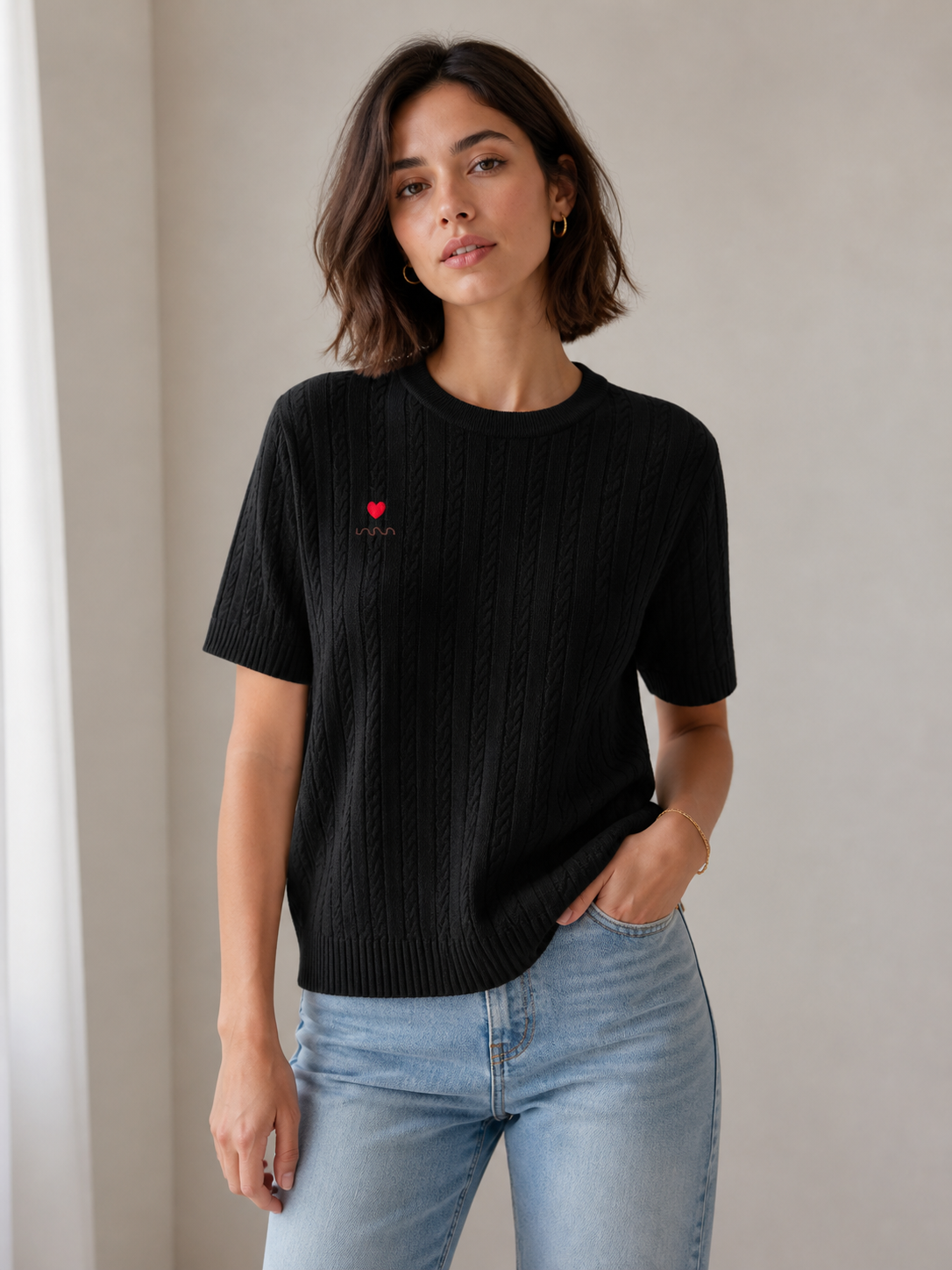T-shirt in Filo di Cotone Intrecciato con Cuore Ricamato