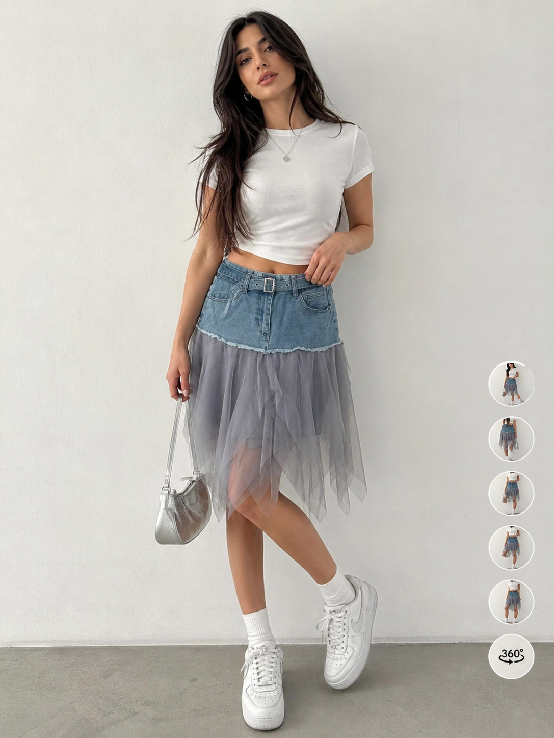 Gonna denim con tulle effetto layered