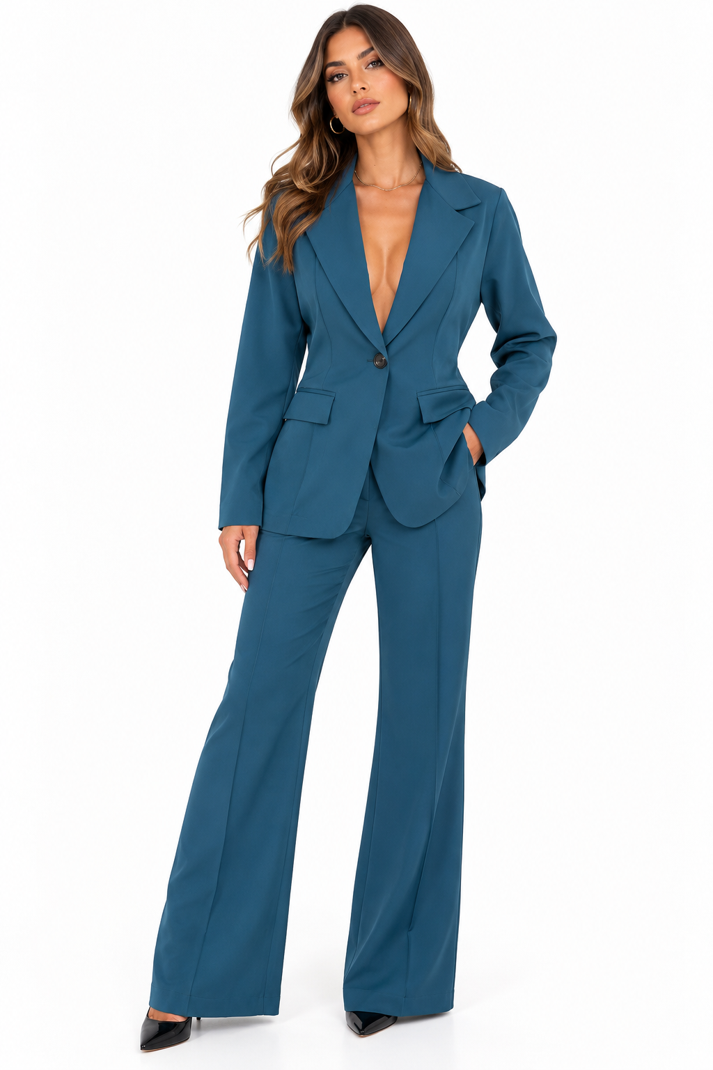 Completo Tailleur Ottanio con Blazer a Fascia e Pantalone Palazzo