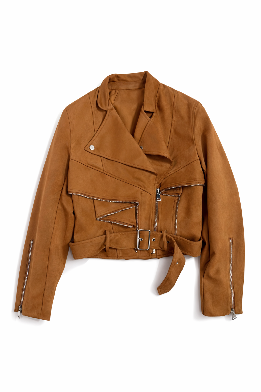 Giubbino biker corto color cognac con cintura
