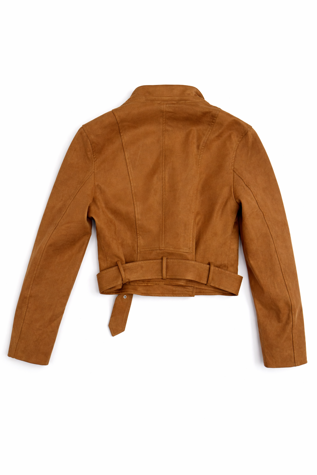 Giubbino biker corto color cognac con cintura